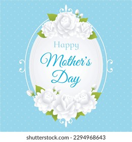 Vector Happy Mother's day celebration greeting card invitation illustration with text calligraphy in retro vintage ellipse frame and beautiful white jasmine flowers, green leaves on blue background.