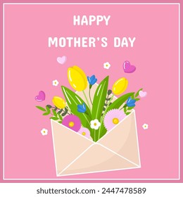 Vector happy mother's day flower greeting card template. Spring holiday poster, envelope with tulips flowers on pink background. Square backdrop invitation, flyer, brochure for event.