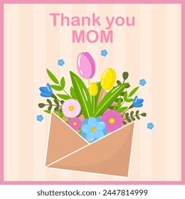 Vector happy mother's day flower greeting card template. Spring holiday poster, envelope with tulips flowers on pastel background. Square backdrop invitation, flyer, brochure for event.