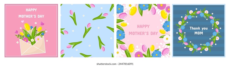 Vector happy mother's day flower greeting card template set. Spring holiday posters, envelope with tulips flowers on pink background. Square backdrop invitation, flyer, brochure for event