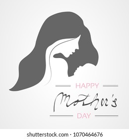 Vector Happy Mother's Day. Greeting card with woman silhouette and baby silhouette. Decoration text.