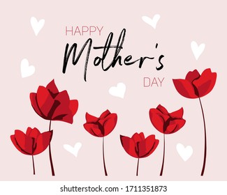 Vector Happy Mother's Day greeting design. For banner, poster, card design. With red flowers and hearts. 