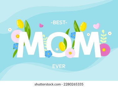 Vector happy mother's day greeting card template. Spring holiday poster with letters mom and tulips, flowers on blue background. Horizontal backdrop invitation, flyer, brochure for event.