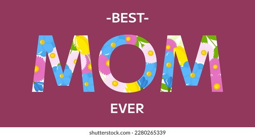 Vector happy mother's day greeting card template. Spring holiday poster with stylish letters mom and tulips, flowers on pink background. Horizontal backdrop invitation, flyer, brochure for event