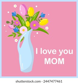 Vector happy mother's day greeting card template. Spring holiday poster i love you Mom, vase with tulips flowers on pink background. Square backdrop invitation, flyer, brochure for event.