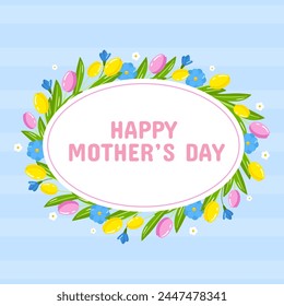 Vector happy mother's day greeting card template. Spring holiday poster, round frame with tulips flowers on blue background. Square backdrop invitation, flyer, brochure for event