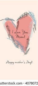 Vector Happy Mother`s day greeting card with pink heart shape. I love you mom