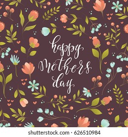 Vector Happy Mother's Day Hand Lettering on Flower Background.
