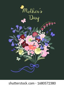 Vector. Happy Mother's Day ready to print postcard with beautiful meadow wildflowers bouquet for your design, banners, flyers, postcards.