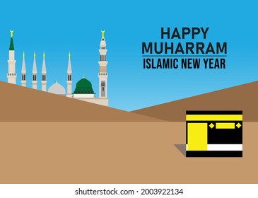 A vector of Happy Muharram Islamic New Year Concept. Insight, Masjidil Haram and Nabawi, symbolize of Prophet Muhammad moved from Mecca to Madinah during Hijra