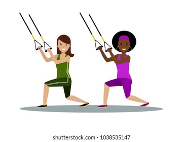 Vector of happy multiethnic women training with straps in gym and smiling. Fitness, workout, getting fit. Sport concept. Can be used for topics like healthy lifestyle, wellbeing, athletics