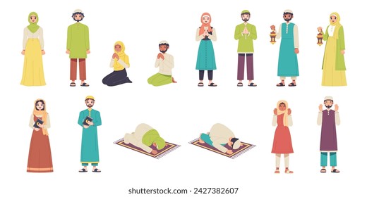 Vector Happy Muslim Characters Cartoon Ramadan Set Illustration Isolated