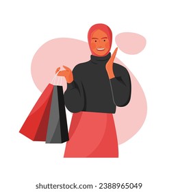 Vector of happy muslim woman smiling  wearing hijab bring shopping bag