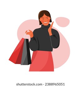 Vector of happy muslim woman smiling  wearing hijab bring shopping bag