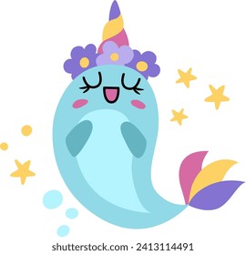 Vektor fröhliche Narval Unicorn. Fantasy-Wassertier mit Regenbogenhorn und Schwanz, Blumen auf dem Kopf, Flügel, Sterne. Fairytale Figur für Kinder. Cartoon Magie-Symbol einzeln auf weißem Hintergrund
