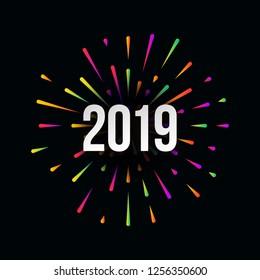 Vector Happy New 2019 Year trendy illustration with festive typographic composition and abstract multicolored fireworks