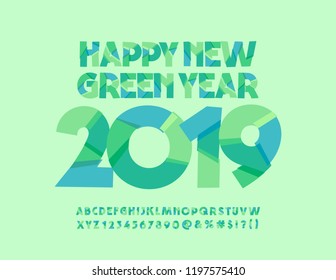 Tarjeta de felicitación Vector Happy New Green Year 2019. Conjunto de letras alfabéticas, símbolos y números. Fuente Colorida Original.