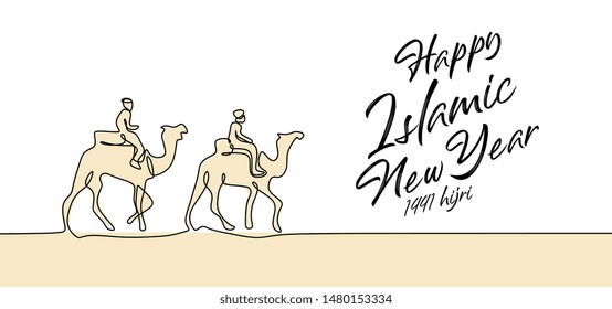 Vector happy new Hijri year 1441. Camel on desert theme symbol of movement continuous line minimalist design.