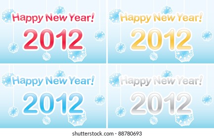 Vector "Happy New Year 2012" text in glossy letters on snowflake background.