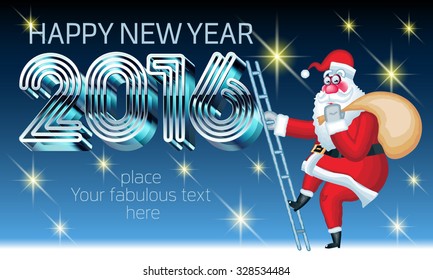Tarjeta de felicitación Vector Happy New Year 2016 con el divertido Santa Claus en regalos de reparto de escalera y texto con fuente 3D futurista de metal. Con lugar para tu fabuloso texto de saludo