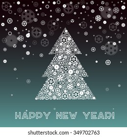 Vector Happy New Year 2016 greeting card with snowflakes shaped gears