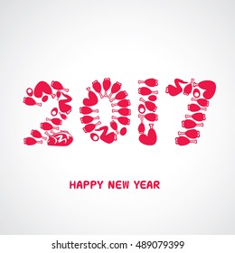 Vector of Happy New Year 2017 decorated with chicken drumsticks and wings. Year of rooster