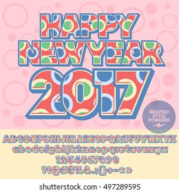 Vector Happy New Year 2017 greeting card with colorful set of letters, symbols and numbers. File contains graphic styles