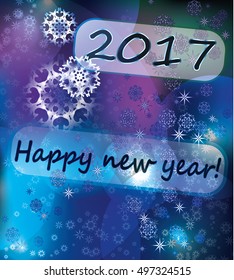Vector happy New Year 2017 bright neon glowing lights background with snowflakes. Postcard, flyer, banner