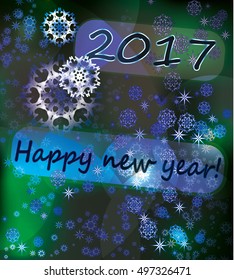 Vector happy New Year 2017 bright neon glowing lights background with snowflakes. Postcard, flyer, banner