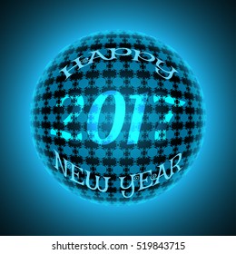 Vector Happy New Year 2017 sphere with text and pattern on the gradient dark blue background.