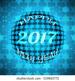 Vector Happy New Year 2017 sphere with text and pattern on the hexagon blue background.