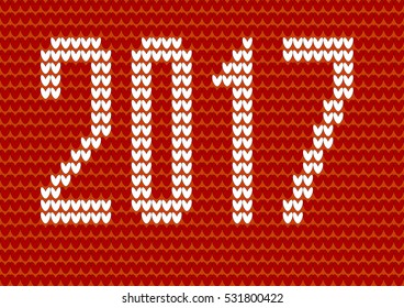 Vector Happy new year 2017 card.Knitted red background white 2017. Pattern for handmade and knitting sites.