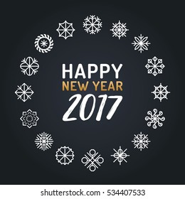 Vector Happy New Year 2017 lettering design. Festive illustration with snowflakes. Happy Holidays greeting card, poster concept.