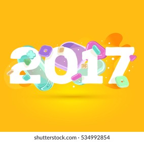 Vector happy new year 2017 number with bright crystal 3d elements on yellow background with shadow. Creative art style concept design for web, site, banner, poster, greeting card