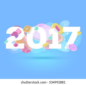 Vector happy new year 2017 number with bright crystal 3d elements on blue background with shadow. Creative art style concept design for web, site, banner, poster, greeting card