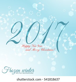 Vector Happy New Year 2017 abstract light blue background with hexagon shapes and snowflakes.