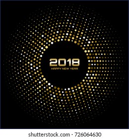 Vector  Happy New Year 2018 Card Background. Gold Bright Disco Lights Halftone Circle Frame. Golden Round border using halftone circle dots raster texture.