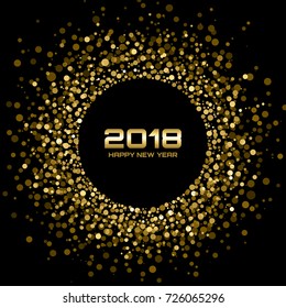 Vector  Happy New Year 2018 Card Background. Gold Bright Disco Lights Halftone Circle Frame. Round Border Using Gold Confetti Circle Dots Texture.