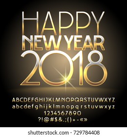 Vector Happy New Year 2018 greeting card with Alphabet set of Letters, Symbols and Numbers. Golden Font contains Graphic Style