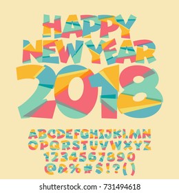 Tarjeta de felicitación Vector Feliz Año Nuevo 2018 para niños. Letras De Alfabeto Luminosas, Números, Símbolos.