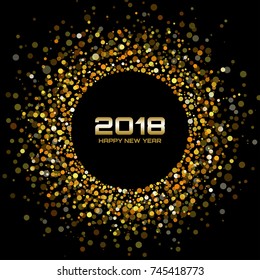 Vector Happy New Year 2018 Card Background. Gold Bright Disco Lights Halftone Circle Frame. Round border using gold confetti circle dots texture