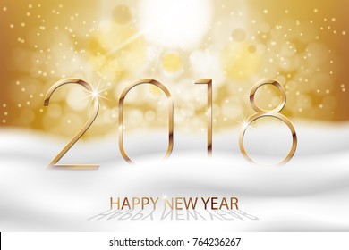 Vector Happy New Year 2018 - New Year Colorful Winter background with gold text. Greetings New Year banner with snow and bokeh. Vector