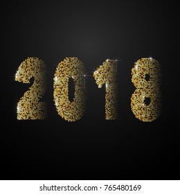 Vector Happy New Year 2018 Greeting Card or Invitation Template. Gold Bright Disco Lights Background for New Year Banners, Cards, Sale backgrounds.