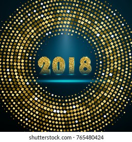 Vector Happy New Year 2018 Greeting Card or Banner Template. Gold Bright Disco Lights Halftone Circle Frame. Golden Round border with Halftone Dots Texture.