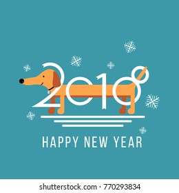 Vector Happy New Year 2018 design element with cute dachshund dog. Chinese year of dog concept illustration 2018 year of dog