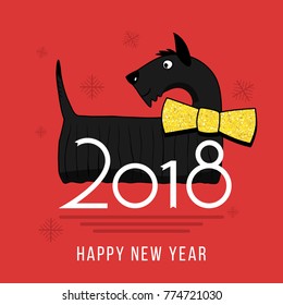 Vector Happy New Year 2018 design element with cute Scotch-Terrier dog with Golden butterfly tie. Chinese year of dog concept illustration 2018 year of dog