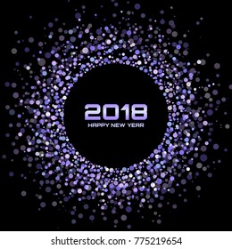 Vector Feliz Año Nuevo 2018 Fondo de la tarjeta. La Discoteca Brillante Violeta Enciende Un Marco Círculo De Media Tonelada. Borde redondeado que utiliza la textura de los puntos de círculo azul confetti.