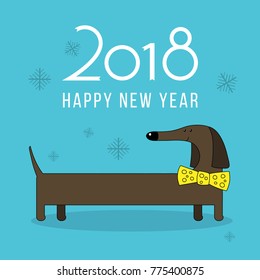 Vector Happy New Year 2018 design element with cute dachshund dog with golden butterfly tie. Chinese year of dog concept illustration 2018 year of dog