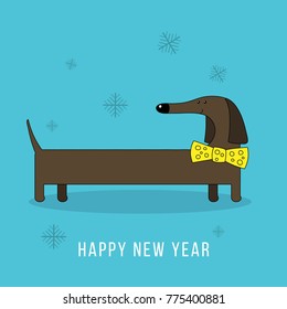 Vector Happy New Year 2018 design element with cute dachshund dog with golden butterfly tie. Chinese year of dog concept illustration 2018 year of dog