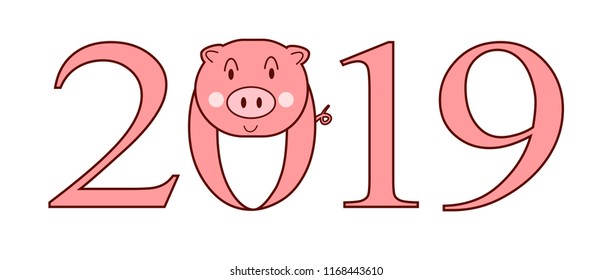 vector Happy new year 2019 text written with a pig face, isolated on a white background